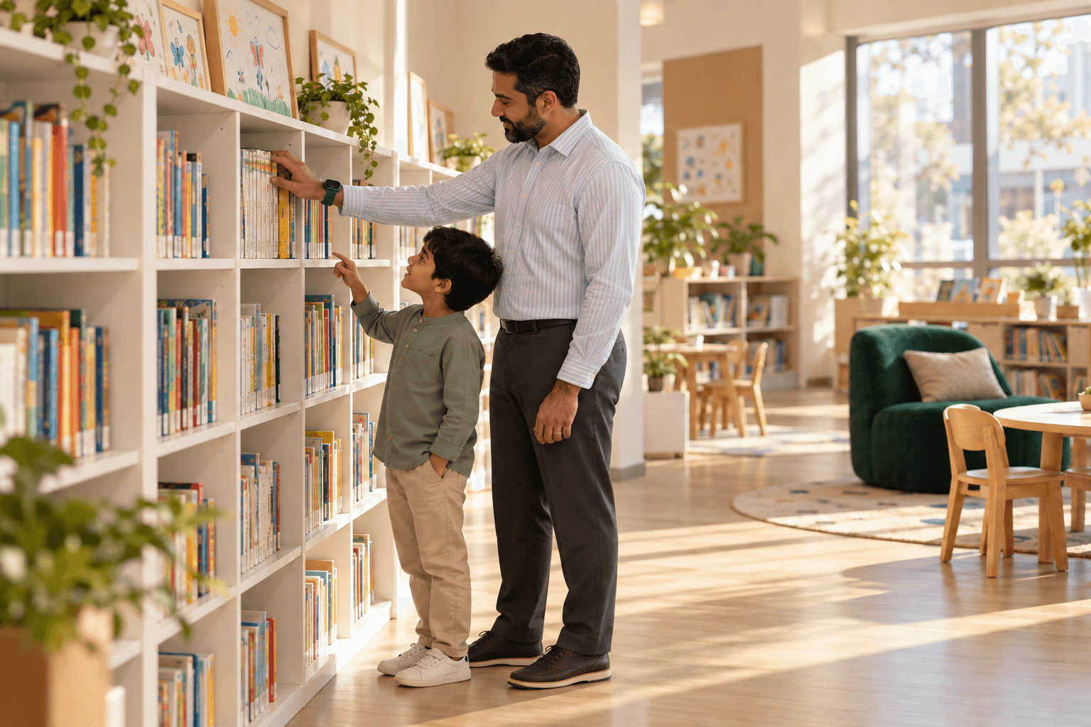 A father in a white thobe and his child choose books together in a sunlit learning space