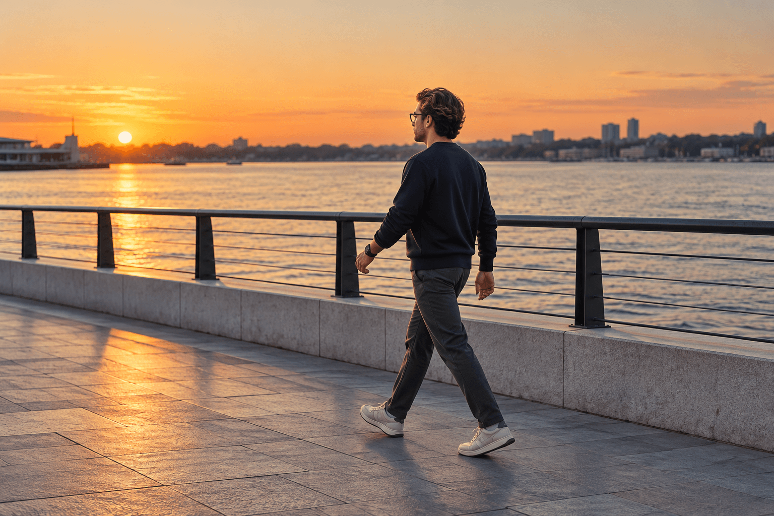 A man wearing a dark crew-neck sweatshirt and glasses enjoys a sunset waterfront walk
