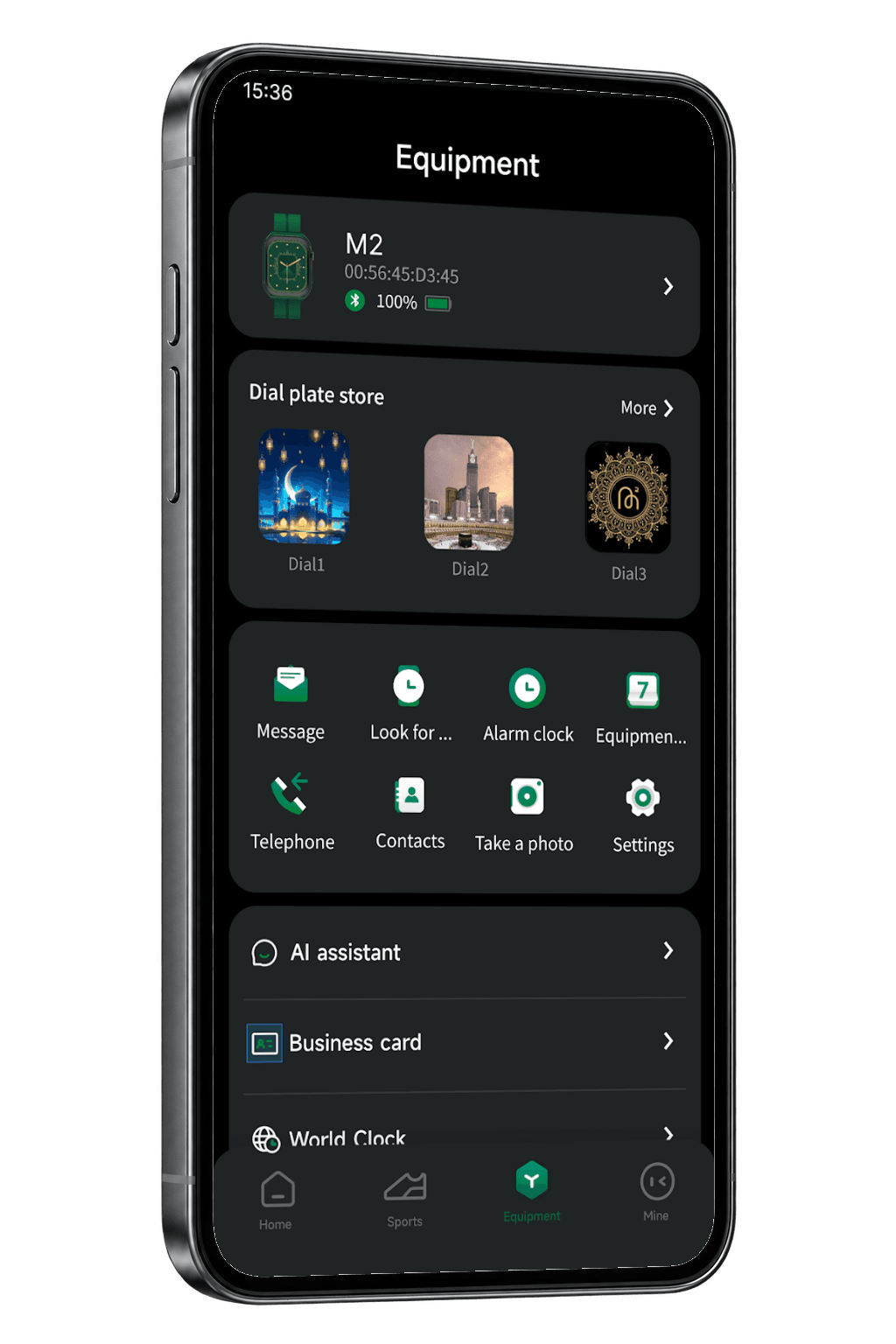 M2 Smart App Equipment screen with device settings and watch faces shown in a graphite phone
