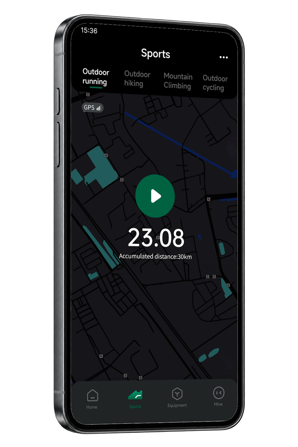 M2 Smart App Sports screen with an outdoor running route shown in a graphite phone