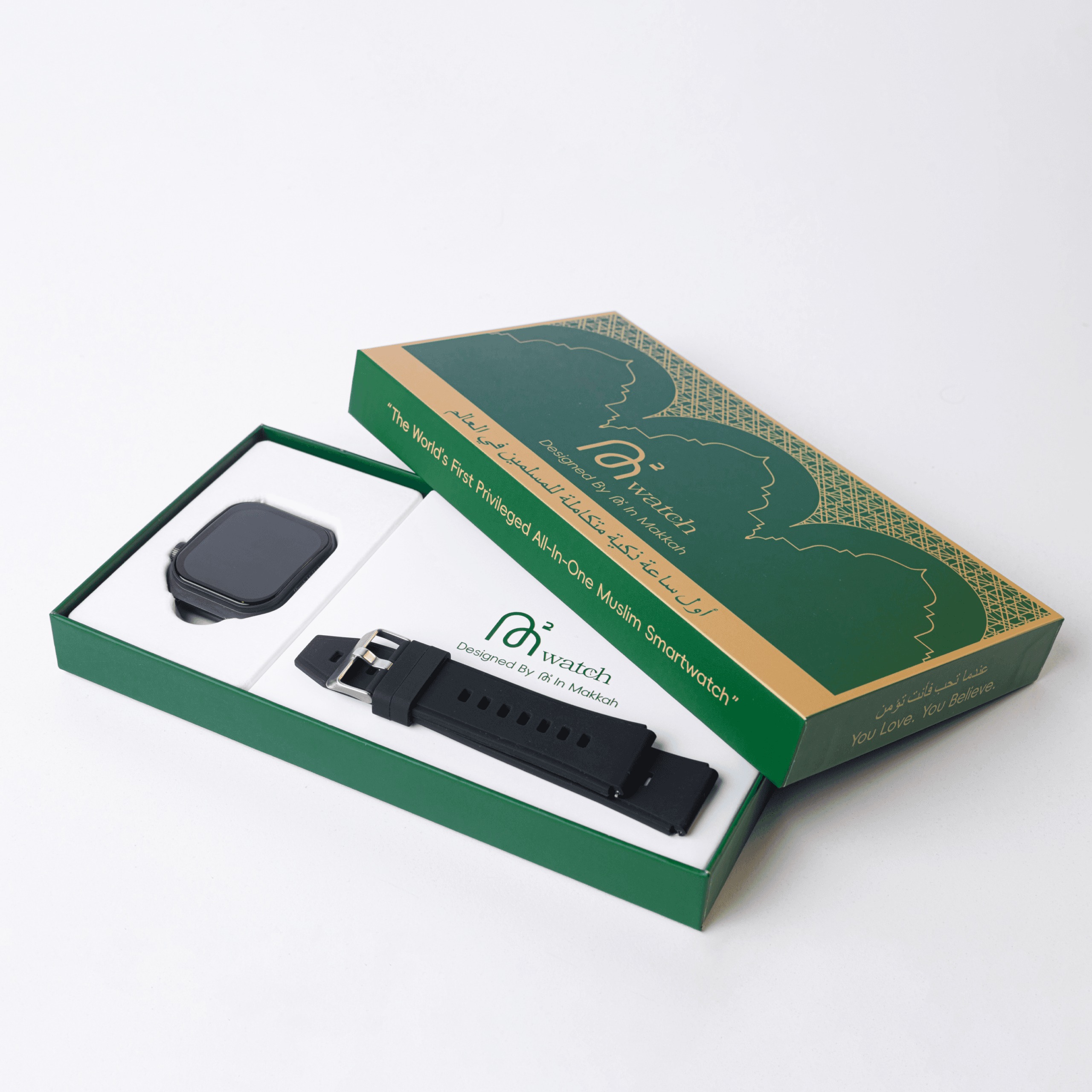 Black M2 Smartwatch and straps in the green and gold standard packaging