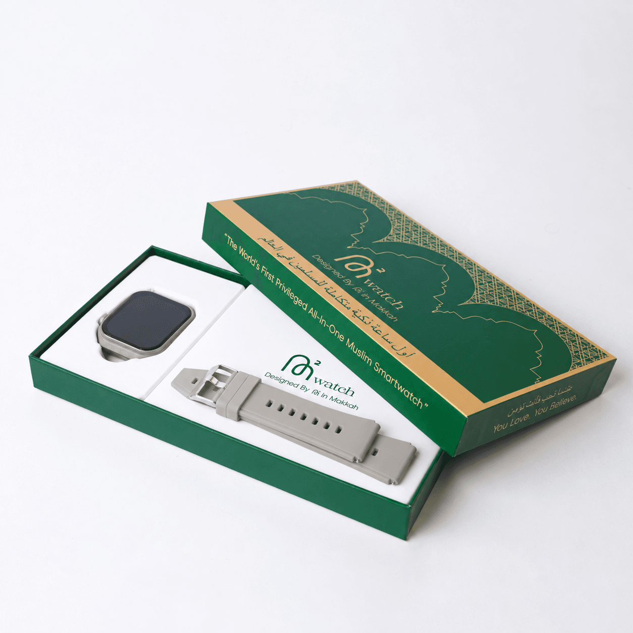 Grey M2 Smartwatch and straps in the green and gold standard packaging