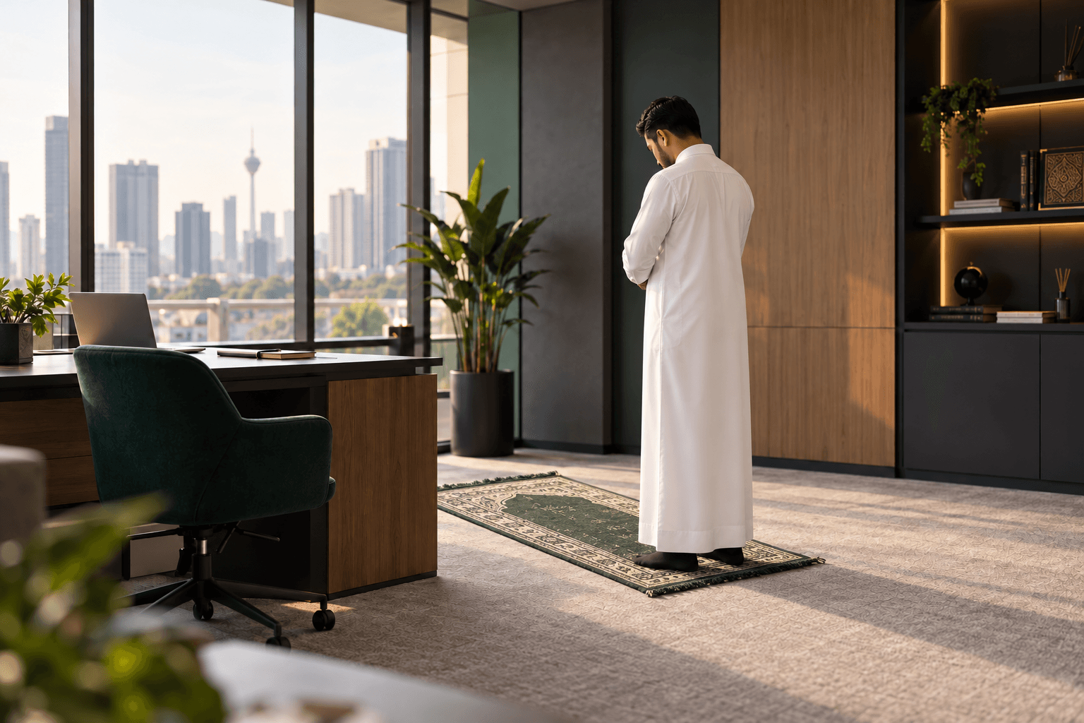 A man in a white thobe pauses his working day to pray in a quiet office