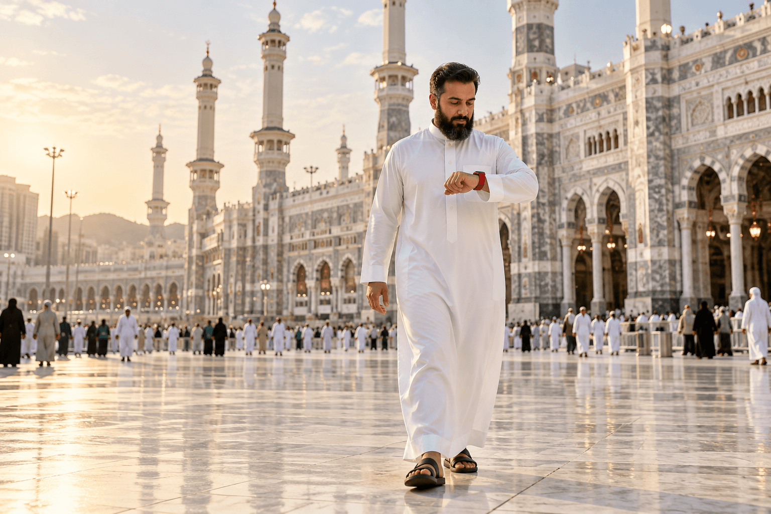 A bearded man in a white thobe walks towards Masjid al-Haram in gentle morning light