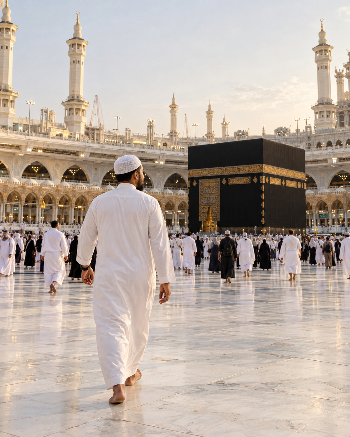 A pilgrim in a white thobe walks towards the Kaaba in the soft morning light