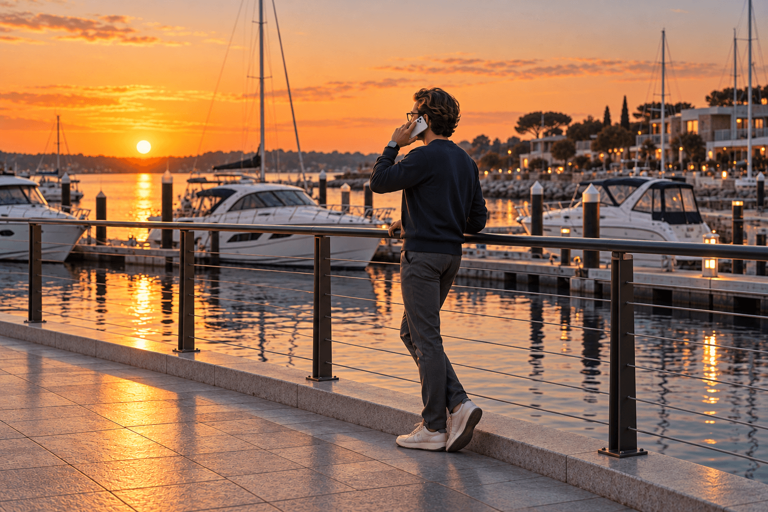 A man in a dark sweatshirt and glasses takes a phone call beside white boats at a sunset marina